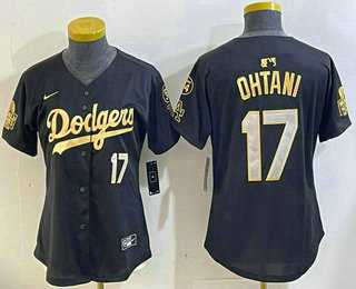 Womens Los Angeles Dodgers #17 Shohei Ohtani Black Gold 2024 World Series 34 Patch Stitched Cool Base Jerseys